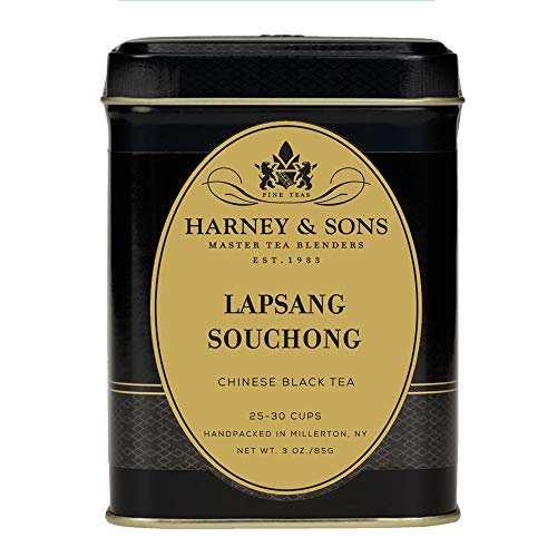 Harney & Sons Lapsang Souchong steeped brew showing piney aroma in a cup.