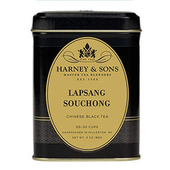 Harney & Sons Lapsang Souchong steeped brew showing piney aroma in a cup.