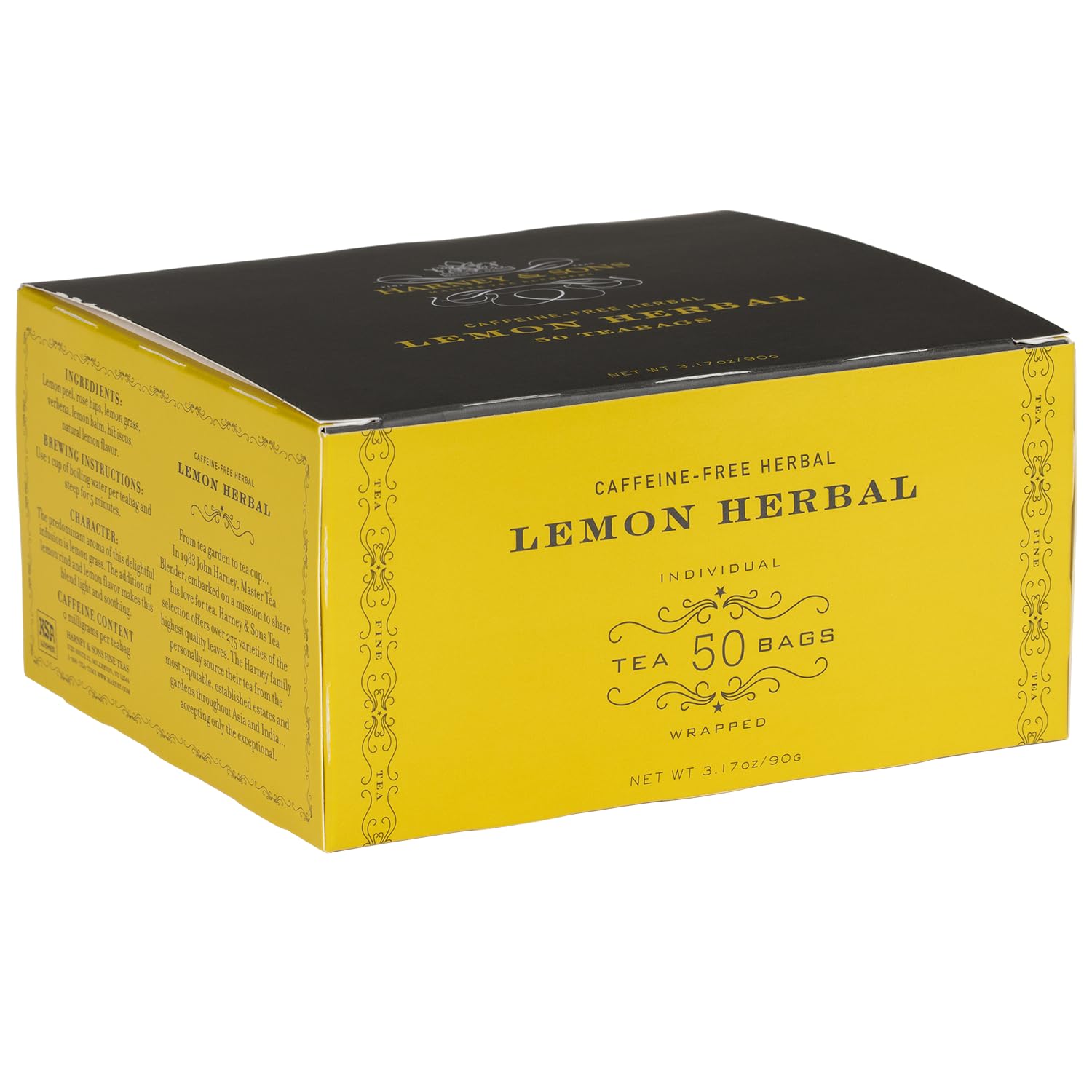 Harney & Sons Lemon Herbal Tea bags with lemongrass aroma for a calming, citrusy brew.