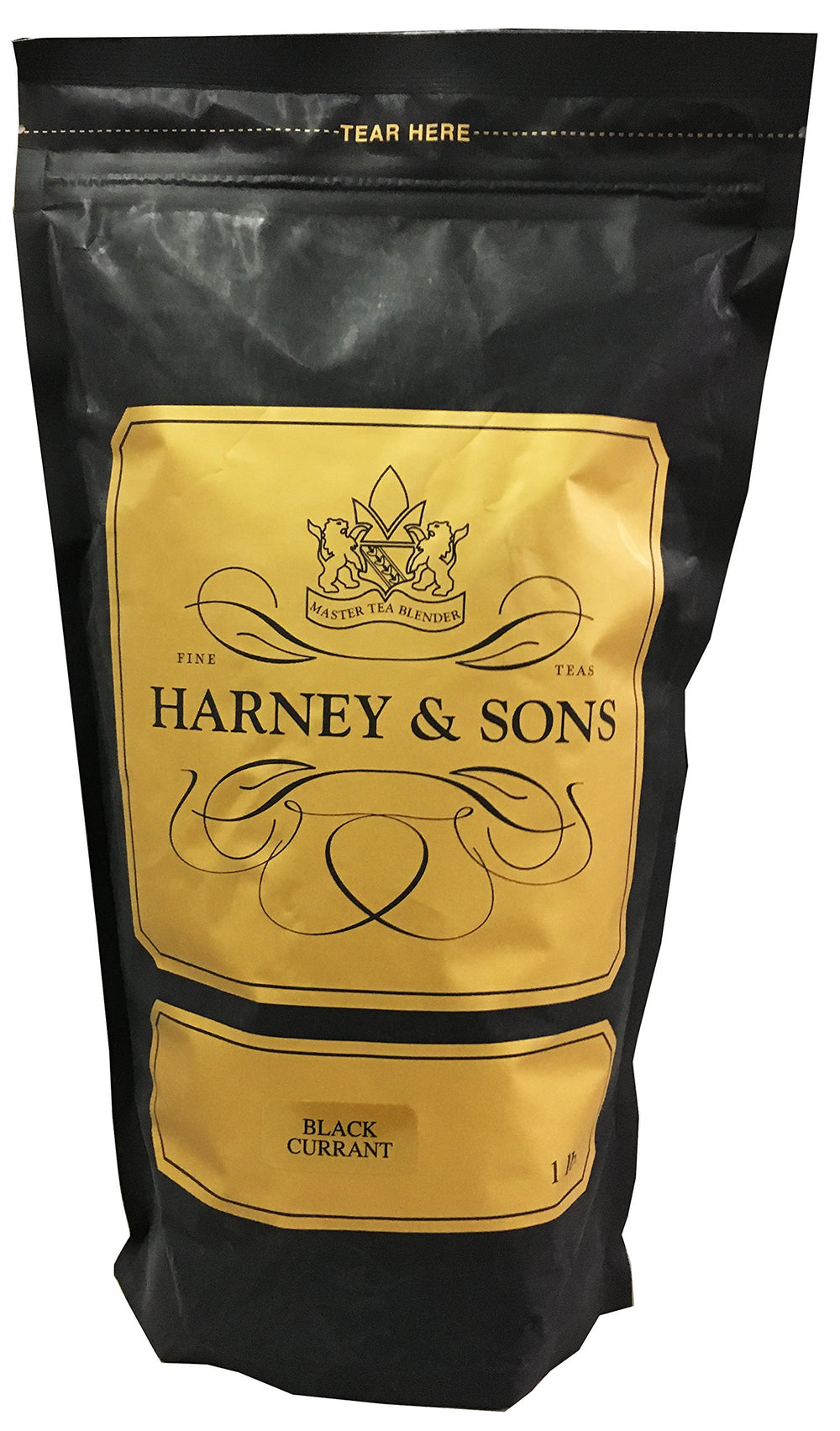 Harney & Sons loose leaf black currant tea in a cup, full-bodied berry flavor for hot or iced.