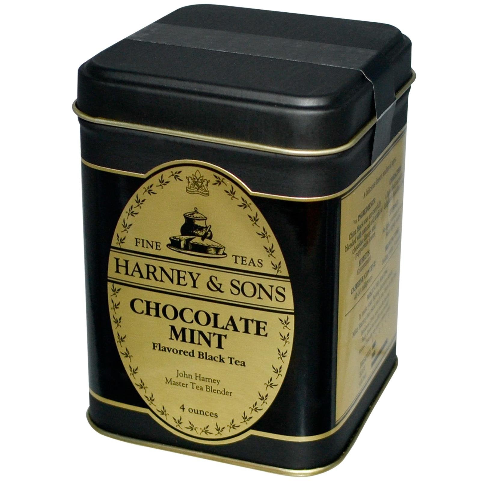 Harney & Sons loose-leaf Chocolate Mint tea brew close-up, inviting aroma after dinner.