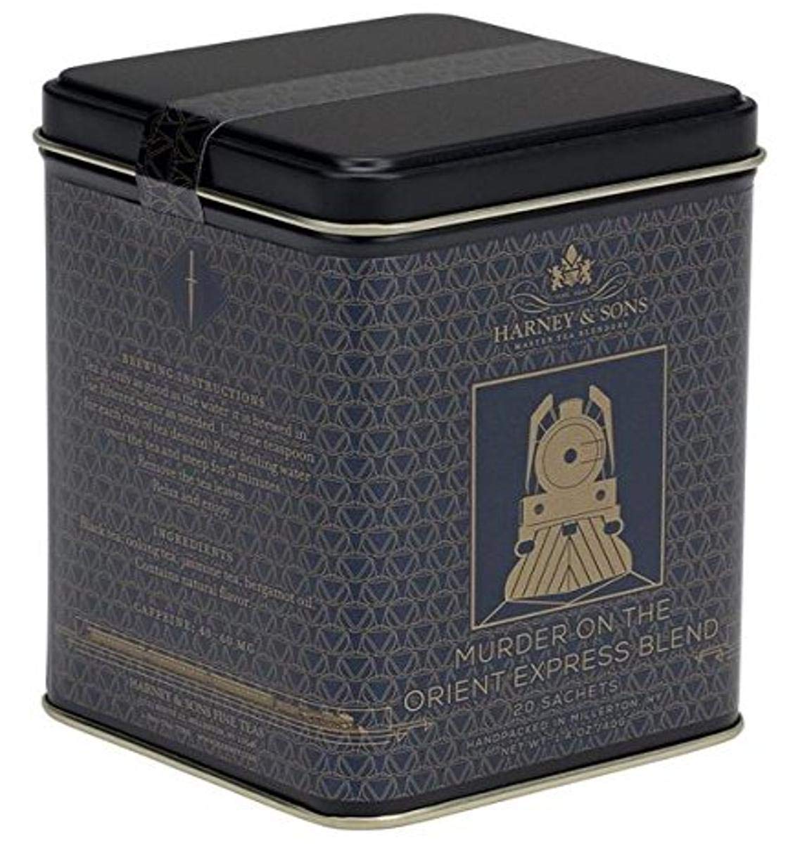 Harney and Sons Murder on the Orient Express tea tin with smoky citrus flavor for afternoon savor.
