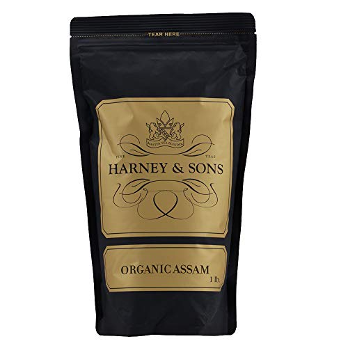 Harney & Sons Organic Assam loose leaf tea brewing setup with full-bodied aroma.