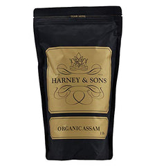 Harney & Sons Organic Assam loose leaf tea brewing setup with full-bodied aroma.
