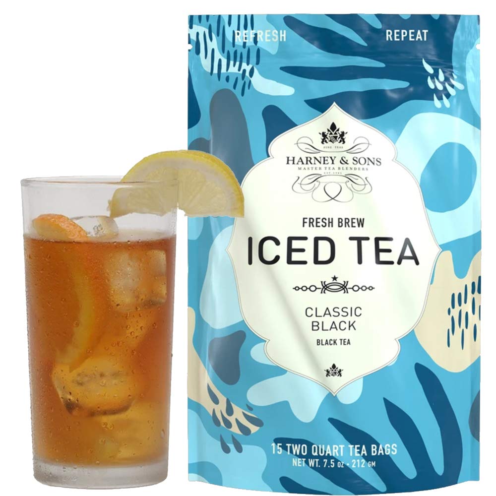 Harney and Sons Organic Black Fresh Brew tea bags ready to brew two quarts.