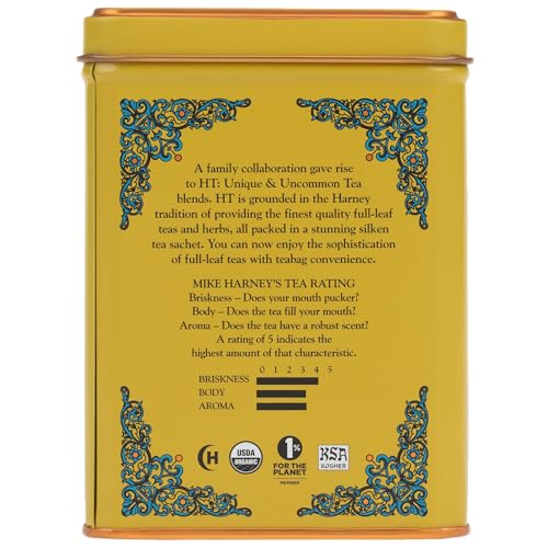 Close-up of Harney & Sons Organic Ginger Lemon Tea with ginger slices signaling warm spice.