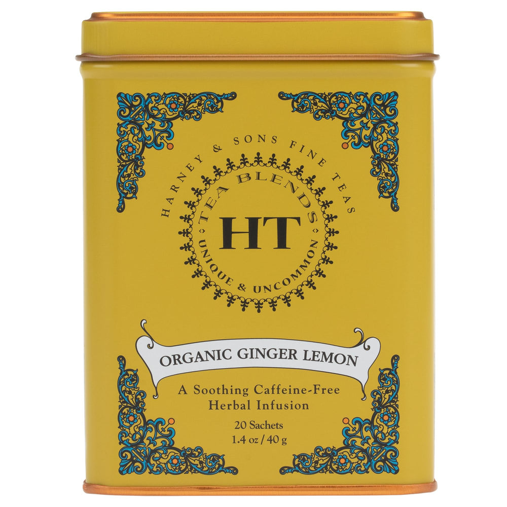 Harney & Sons Organic Ginger Lemon Tea packaging on display, ideal for quick, caffeine-free comfort.