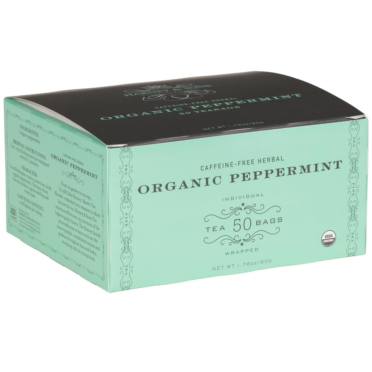 Harney & Sons Organic Peppermint Tea box for relaxing, caffeine-free refreshment.