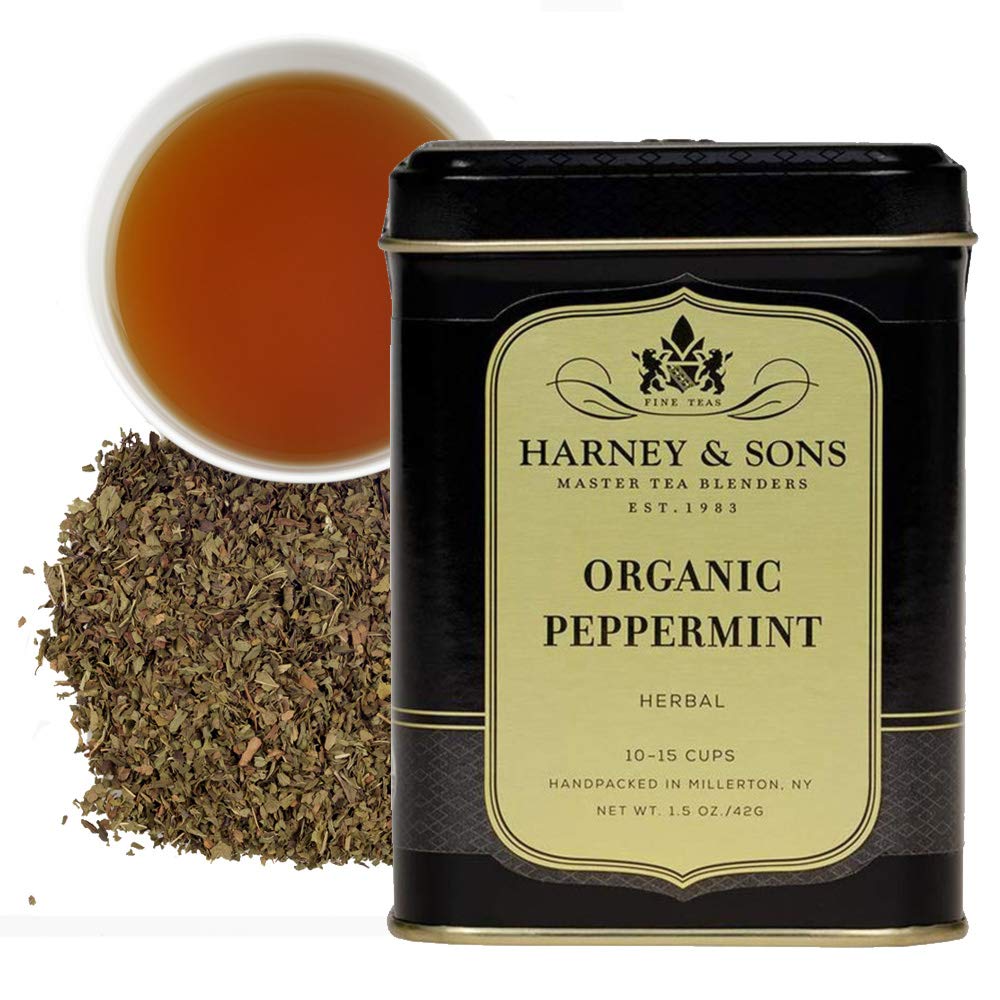 Harney & Sons Organic Peppermint tea leaves for a refreshing caffeine-free brew.