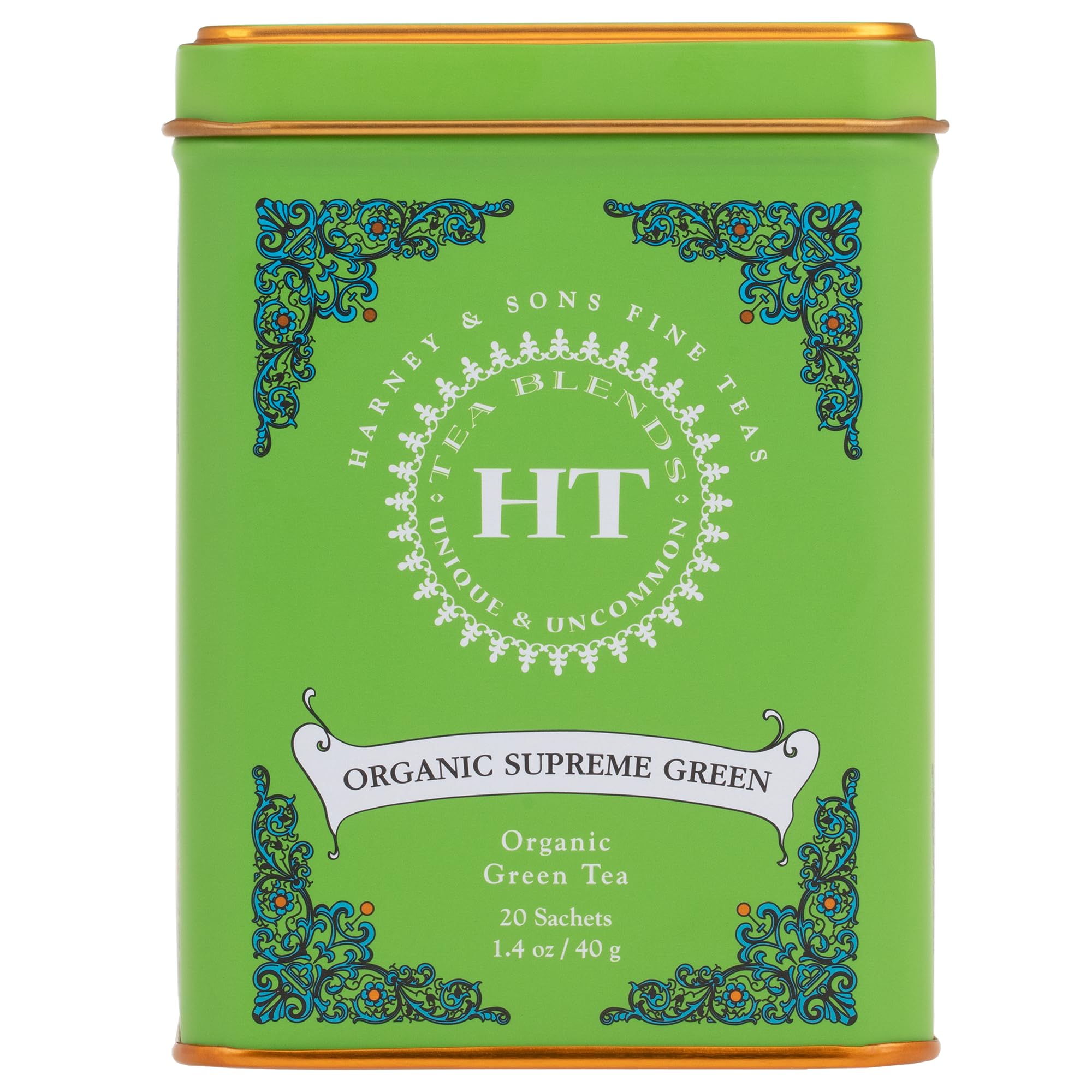 Harney & Sons Organic Supreme Green tin with 20 sachets for quick daily brews.
