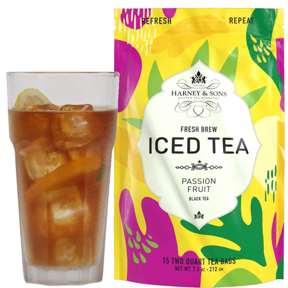 Harney and Sons Passion Fruit Iced Tea bottle pour; refreshing, tropical flavor.