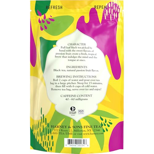 Harney and Sons Passion Fruit Iced Tea full-leaf tea bags ready to brew and enjoy.