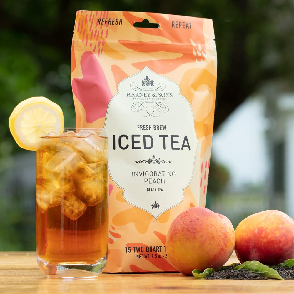 Harney & Sons Peach Fresh Brew tea bags ready for easy prep.