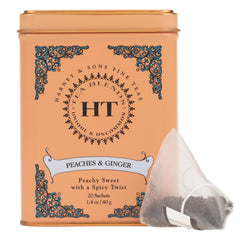 Harney and Sons Peaches and Ginger Black Tea tin packshot, showcasing full-leaf sachets for refined tea moments