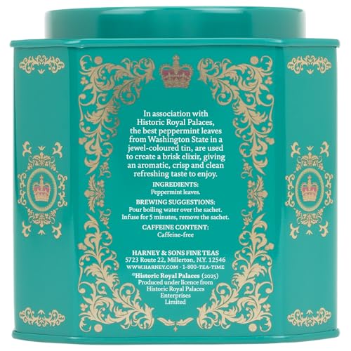 Closeup of Harney & Sons peppermint tea sachets highlighting crisp leaves.