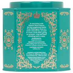 Closeup of Harney & Sons peppermint tea sachets highlighting crisp leaves.