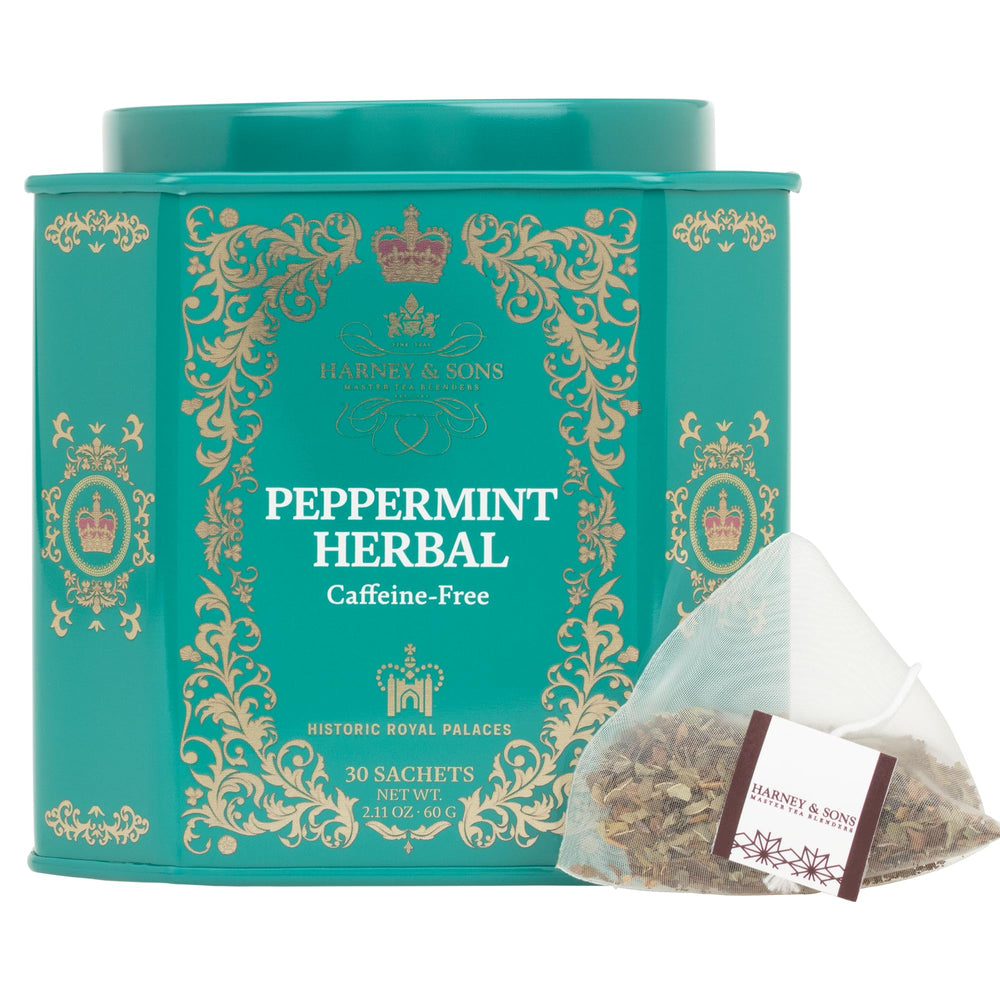 Harney & Sons tin packaging showcasing 30 caffeine-free peppermint sachets.