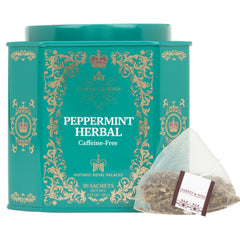 Harney & Sons tin packaging showcasing 30 caffeine-free peppermint sachets.