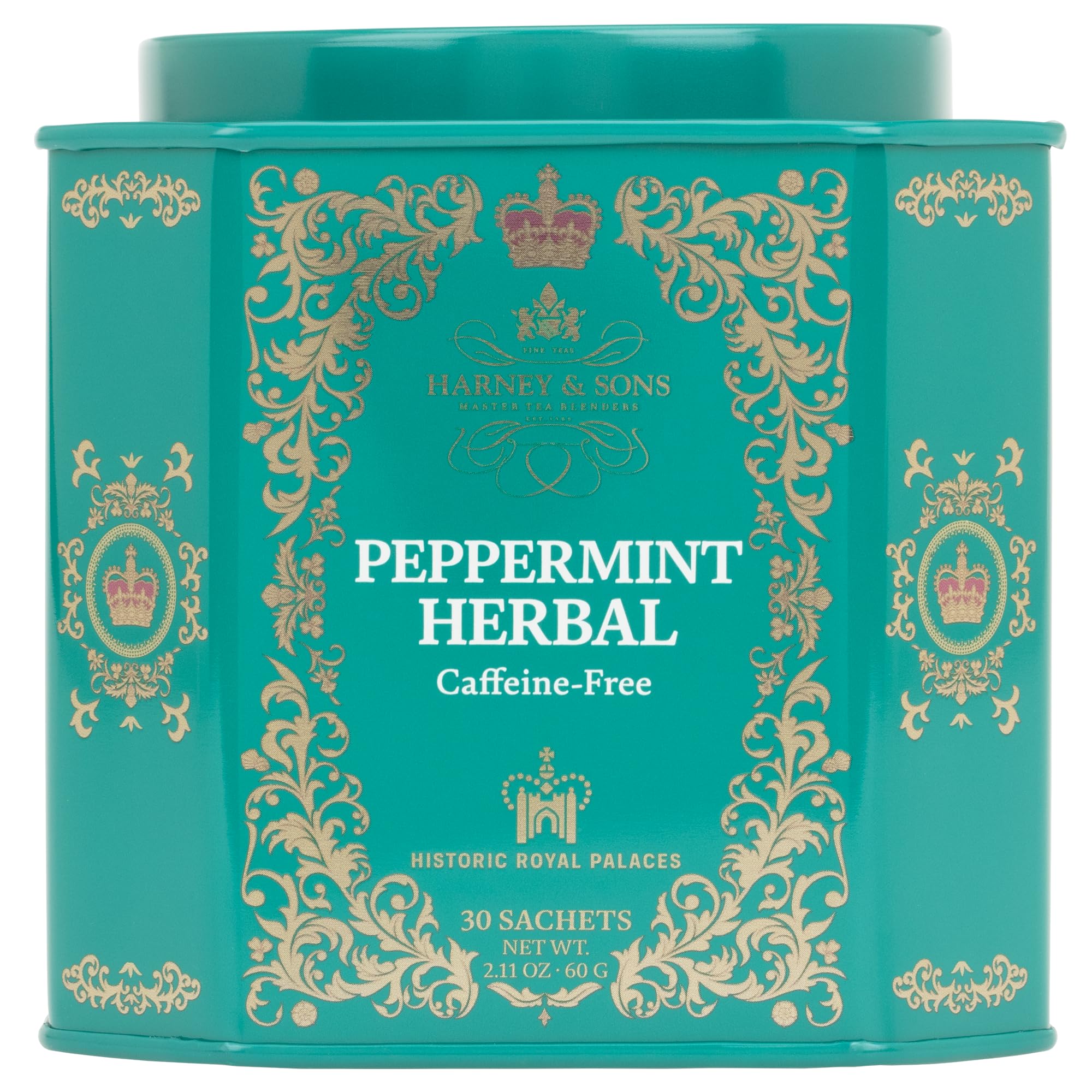 Harney & Sons peppermint tea sachets in a decorative tin for gifting.