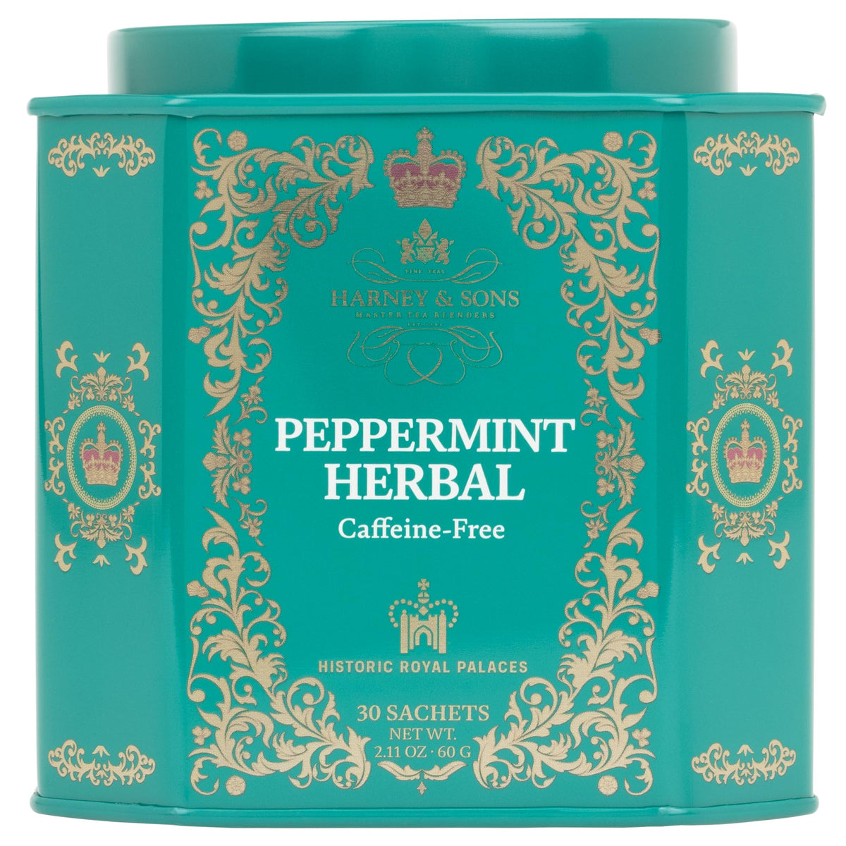 Harney & Sons peppermint tea sachets in a decorative tin for gifting.