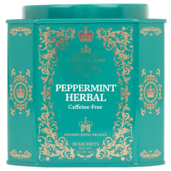 Harney & Sons peppermint tea sachets in a decorative tin for gifting.