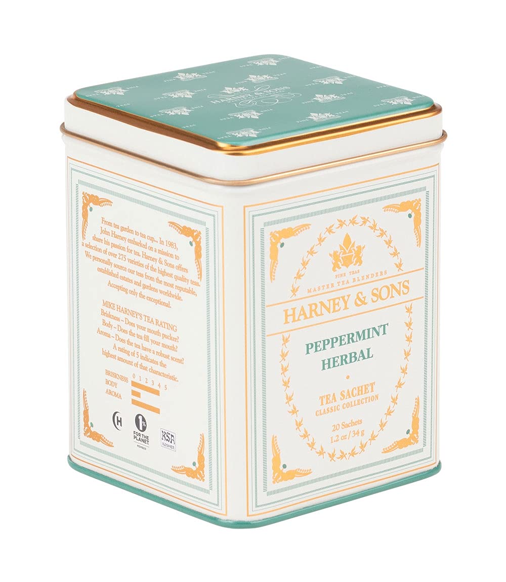 Harney and Sons Peppermint Tea pack with 20 sachets for easy daily brewing.