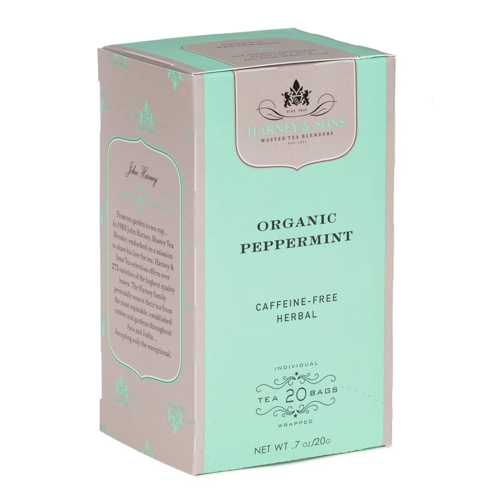 Harney & Sons peppermint tea bags in a box for quick refreshment in daily use.