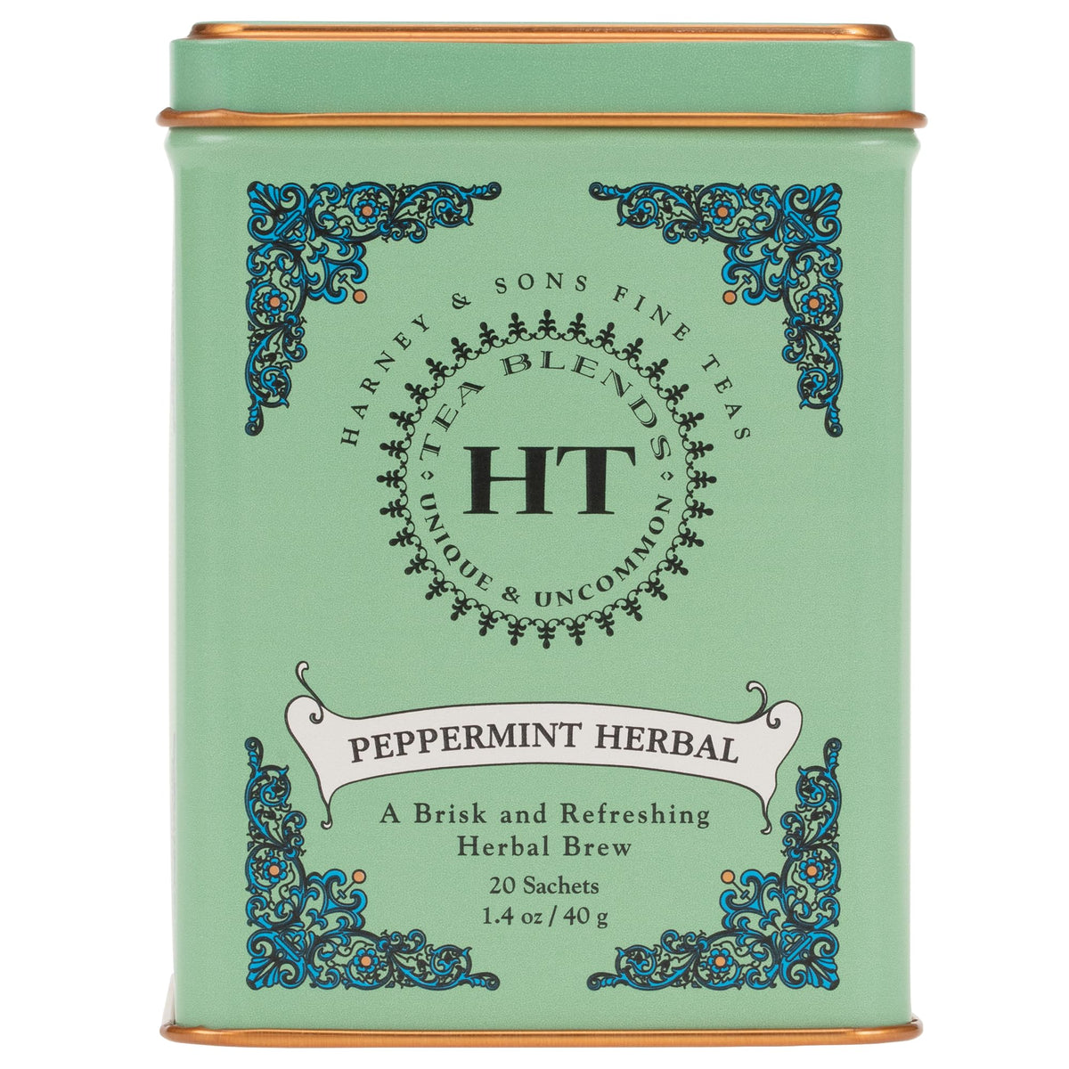 Harney & Sons peppermint tin front, crisp and aromatic tisane.