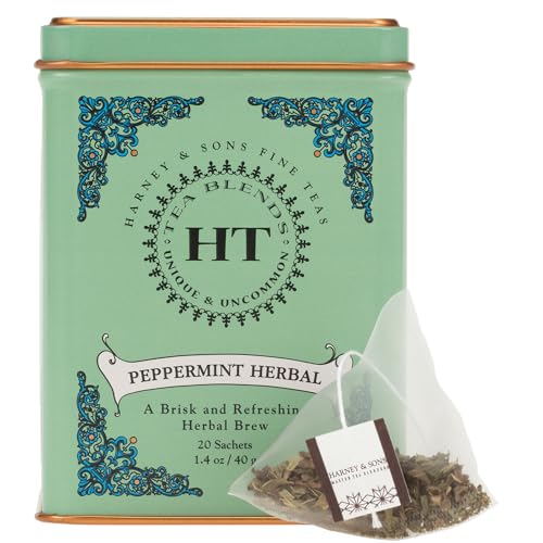 Close-up of Harney & Sons peppermint tin label with Washington State leaves.