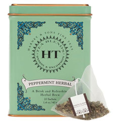Close-up of Harney & Sons peppermint tin label with Washington State leaves.