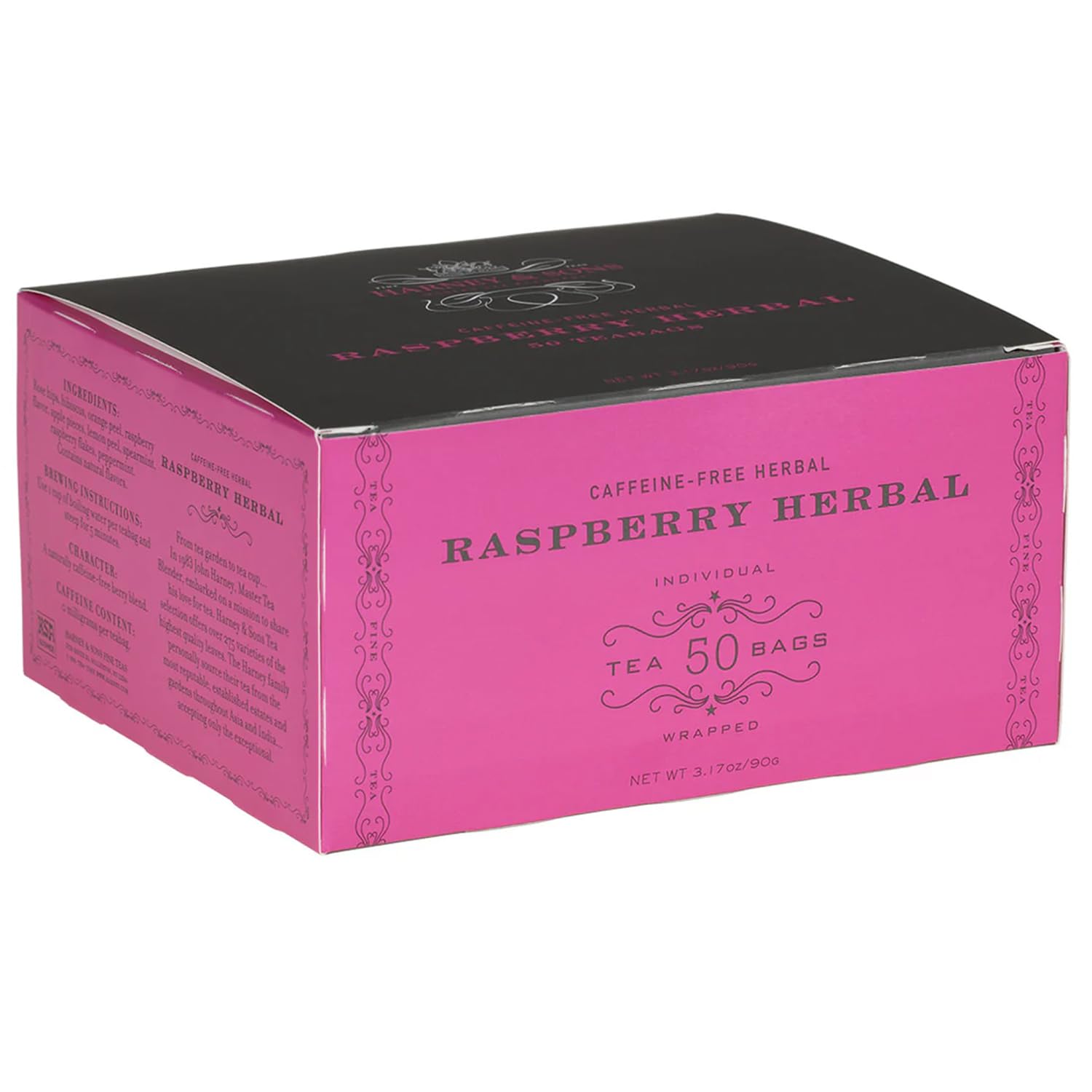 Harney & Sons Raspberry Herbal tea brew in a glass teapot, fruity aroma and caffeine-free refreshment.