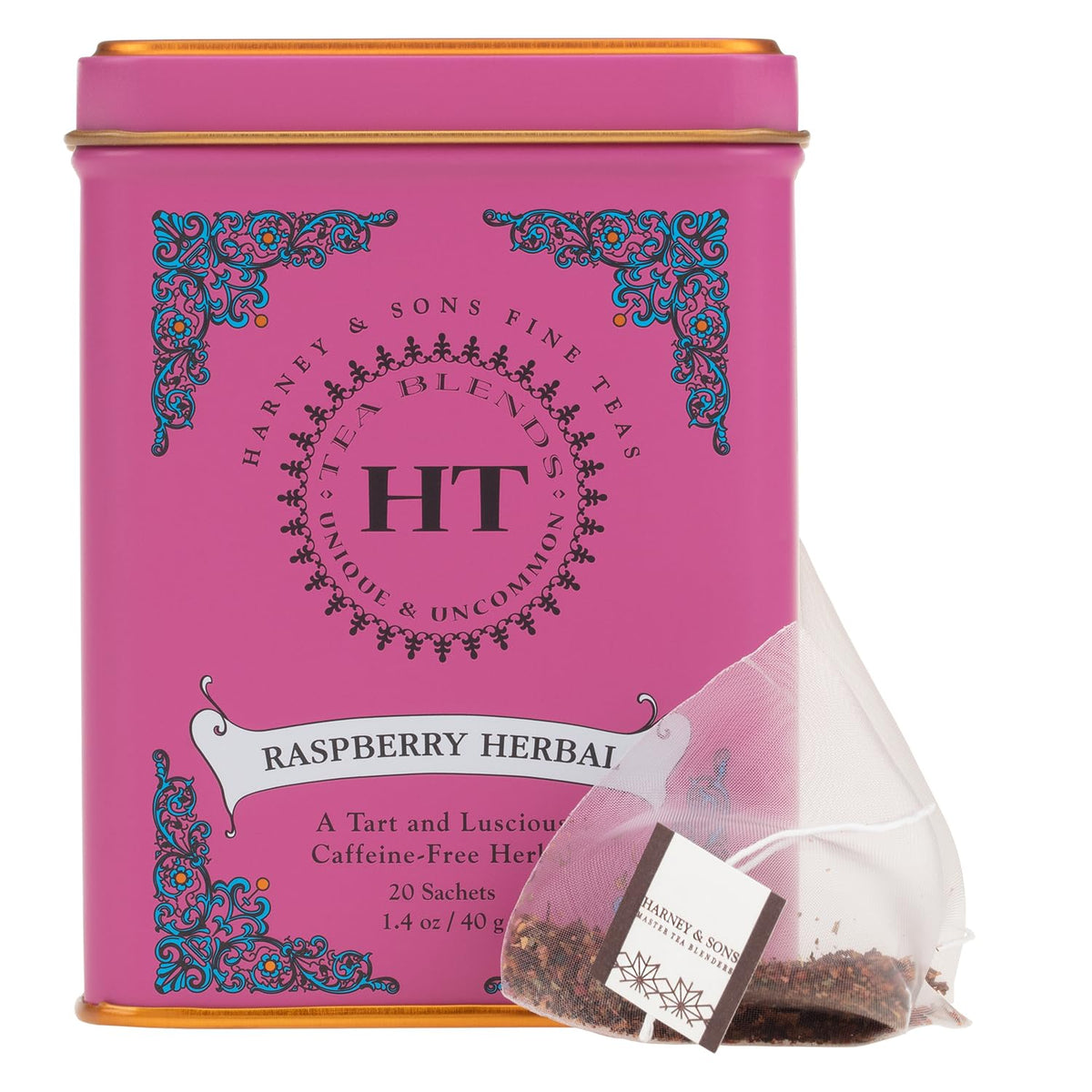 Harney & Sons Raspberry Tea tin with 20 sachets, ideal for gifting.