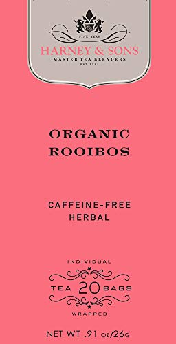 Harney & Sons Rooibos herbal tea packaging highlighting premium organic ingredients