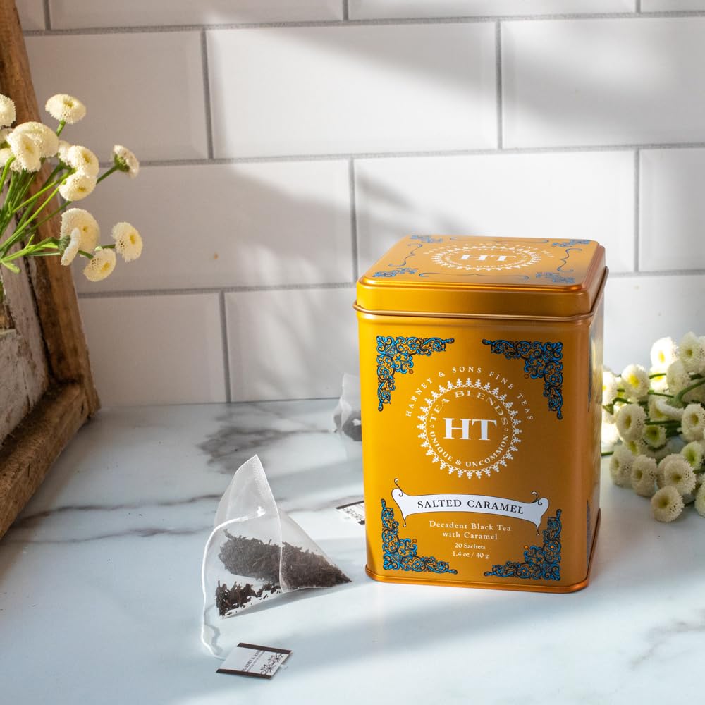 Harney & Sons Salted Caramel Tea Himalayan salt note close-up, elevating flavor.