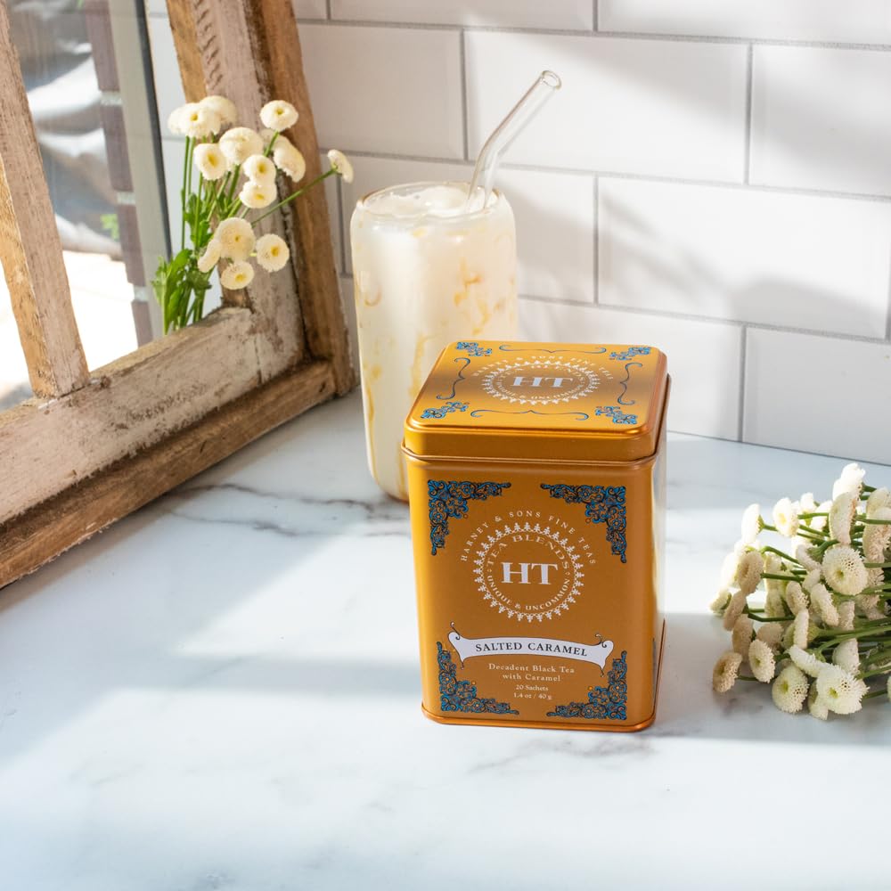 Harney & Sons Salted Caramel Tea tin on shelf, ideal gift idea.