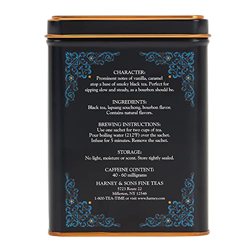 Harney & Sons smoky lapsang leaves on wood, warm evening tea moments.