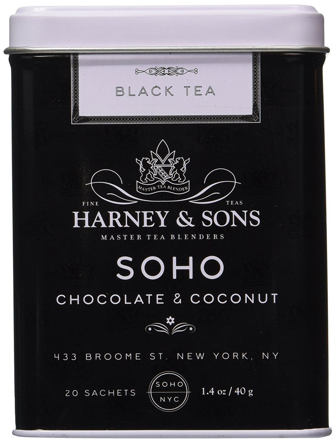Harney & Sons SoHo Chocolate Coconut Tea tin packaging showcases premium blend and convenient sachets.