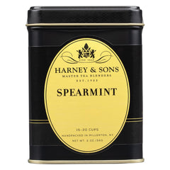 Harney & Sons Spearmint Tea tin front view, caffeine-free herbal flavor.
