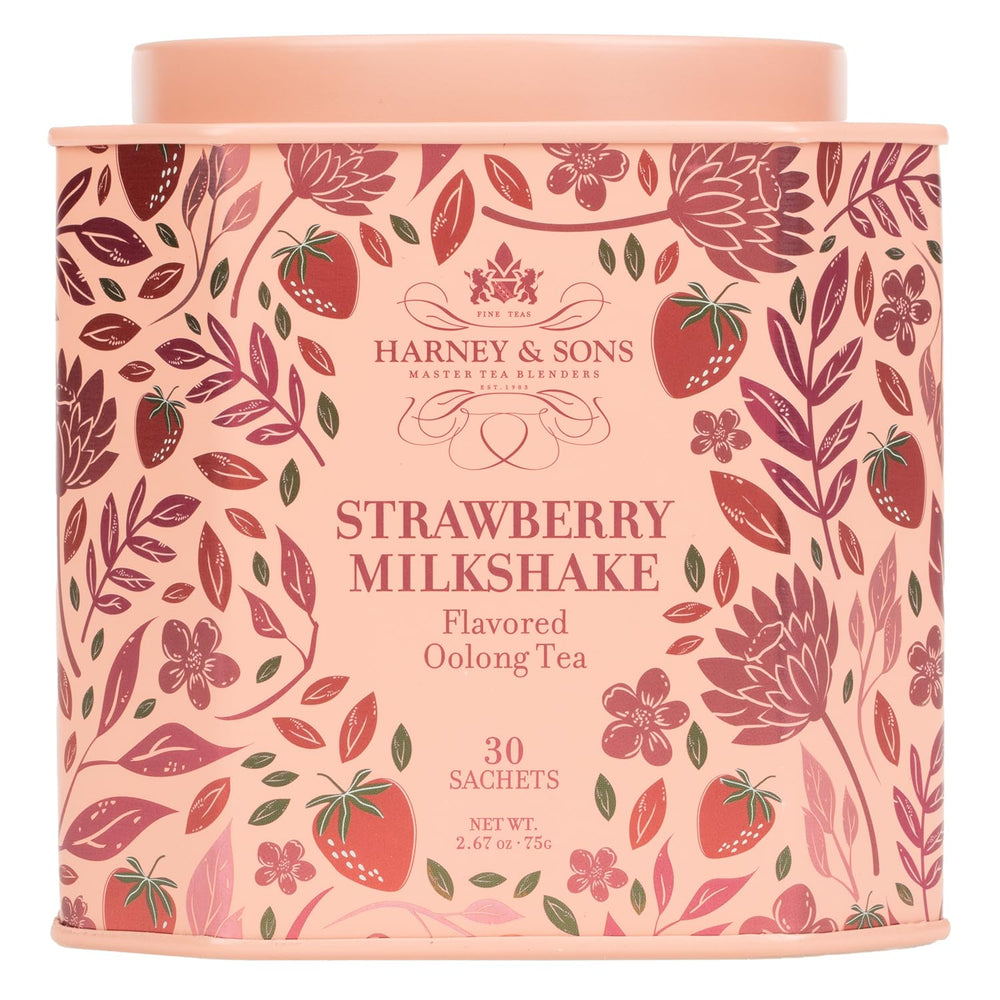 Harney & Sons Strawberry Milkshake tea packaging with a convenient 30-sachet tin for easy indulgence.