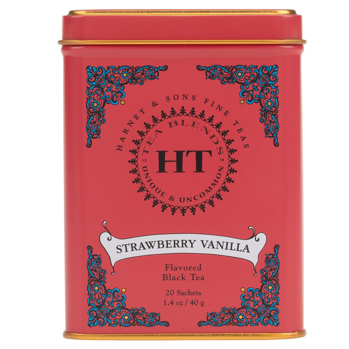 Harney & Sons Strawberry Vanilla tea sachet packaging showcas­ing premium full-leaf blend