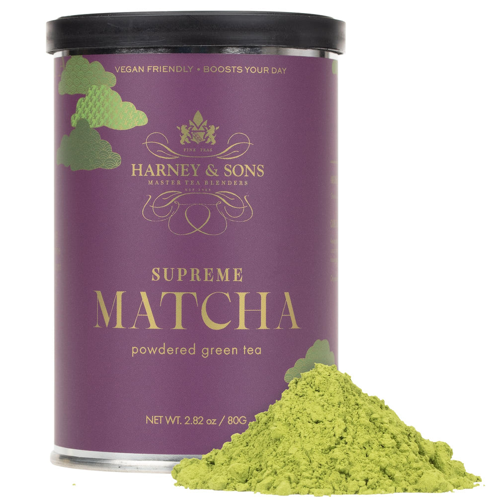 Harney & Sons Supreme Matcha tin closeup with vibrant powder for everyday use
