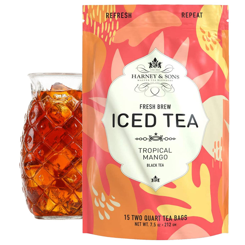 Harney & Sons Tropical Mango iced tea bag ready to brew for a refreshing day