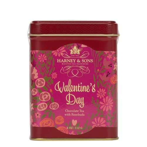 Harney & Sons Valentine's Tea label on red tin signals a festive blend.