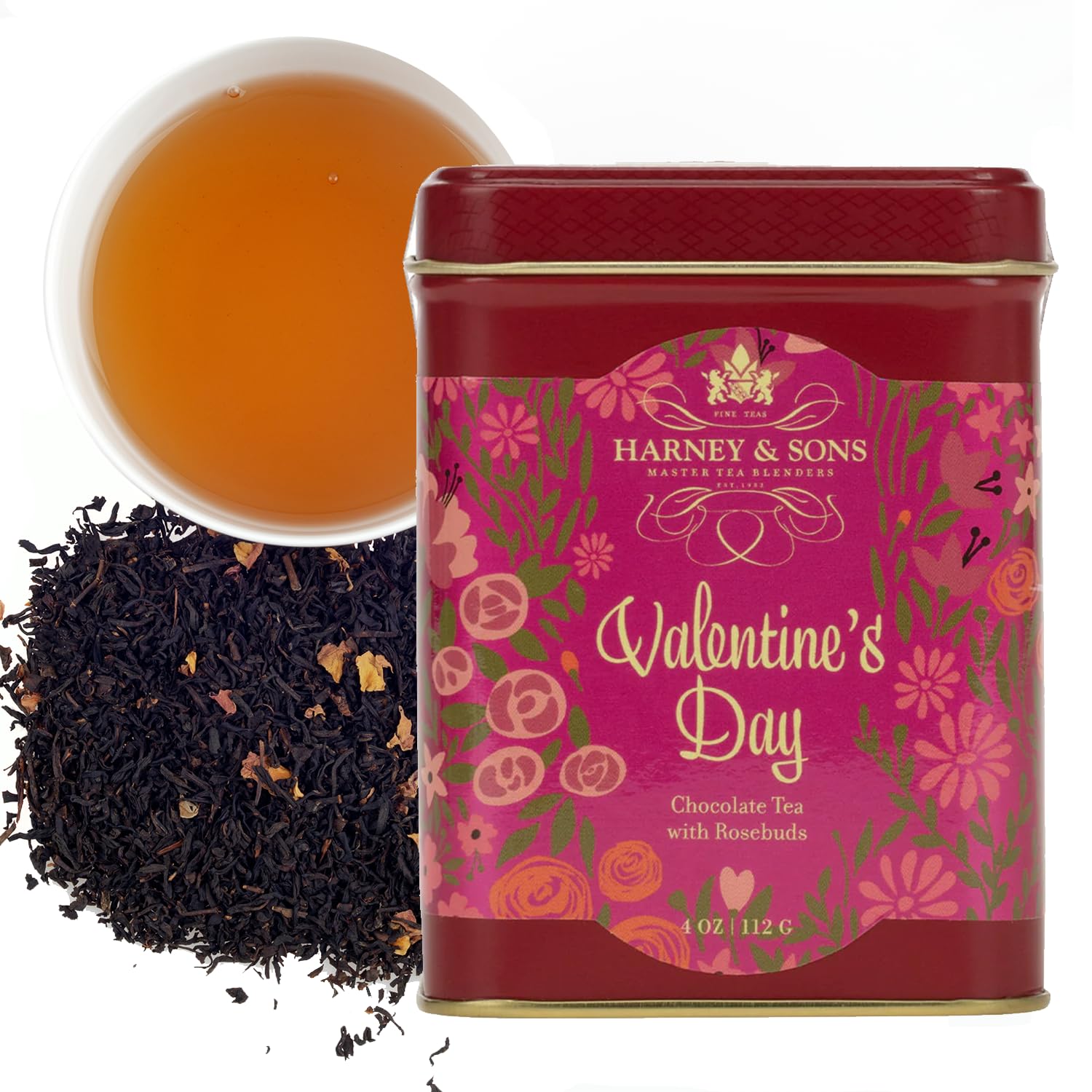 Harney & Sons Valentine's Tea tin with chocolate rosebuds, a romantic gift idea.