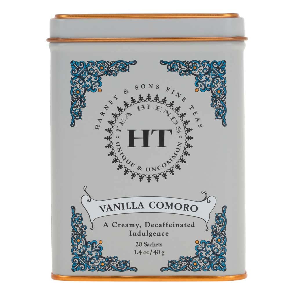 Harney & Sons Vanilla Comoro tea tin showing decaf vanilla aroma for evening comfort.