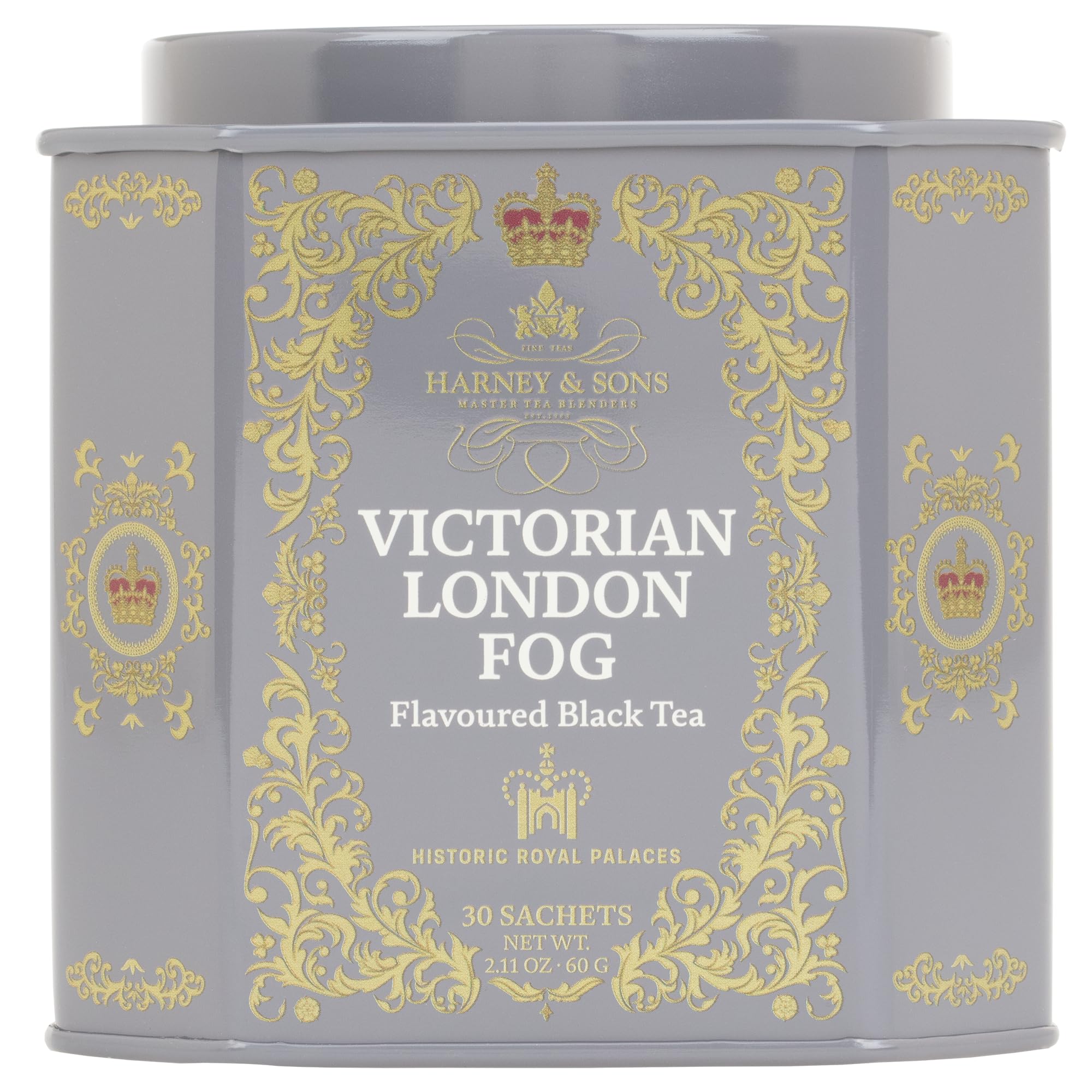 Harney & Sons Victorian London Fog tin design signals premium tea experience.