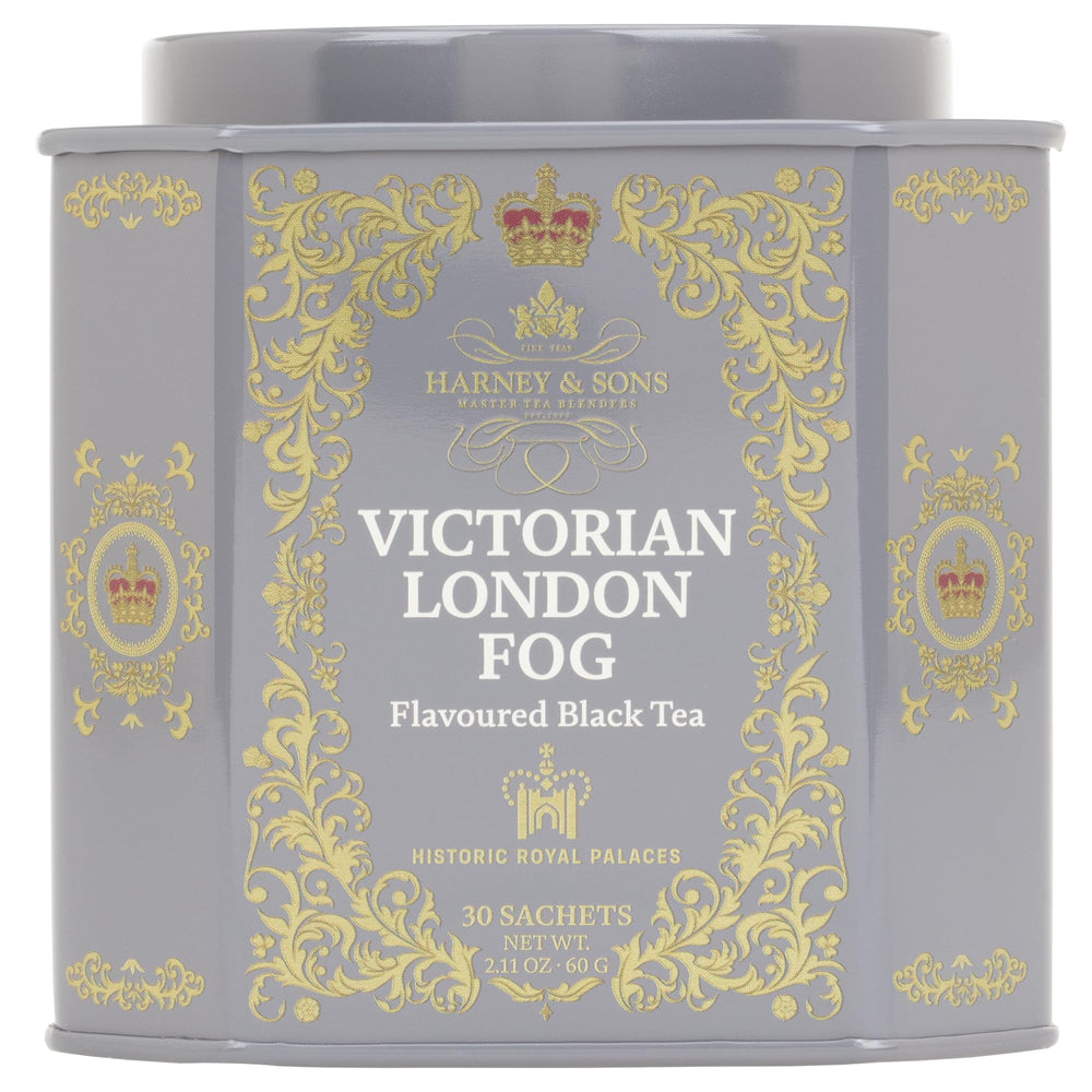 Harney & Sons Victorian London Fog tin design signals premium tea experience.