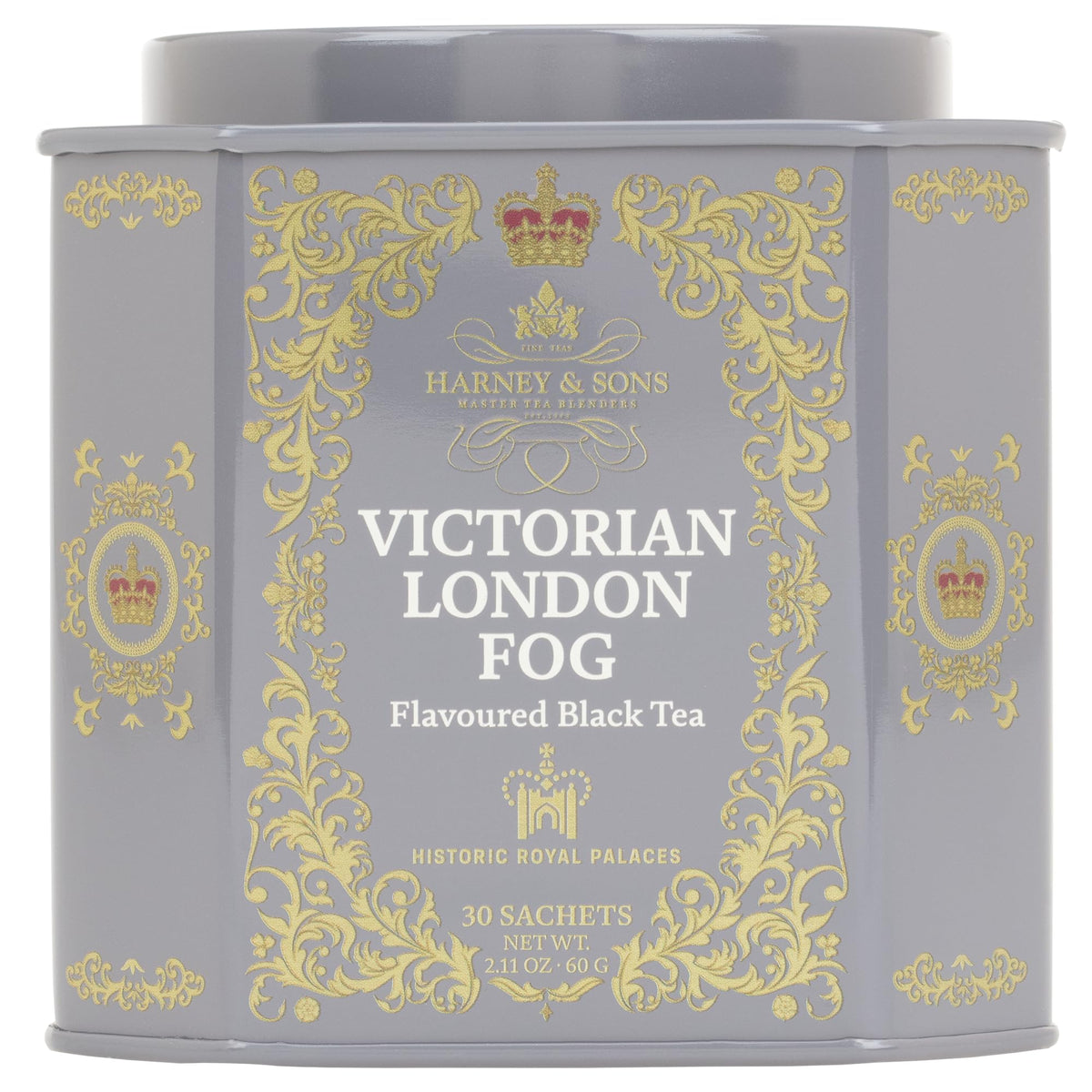 Harney & Sons Victorian London Fog tin design signals premium tea experience.