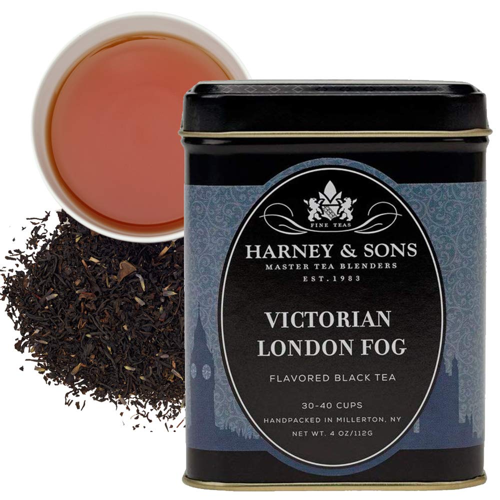 Harney & Sons Victorian London Fog tin shown for a cozy afternoon tea ritual