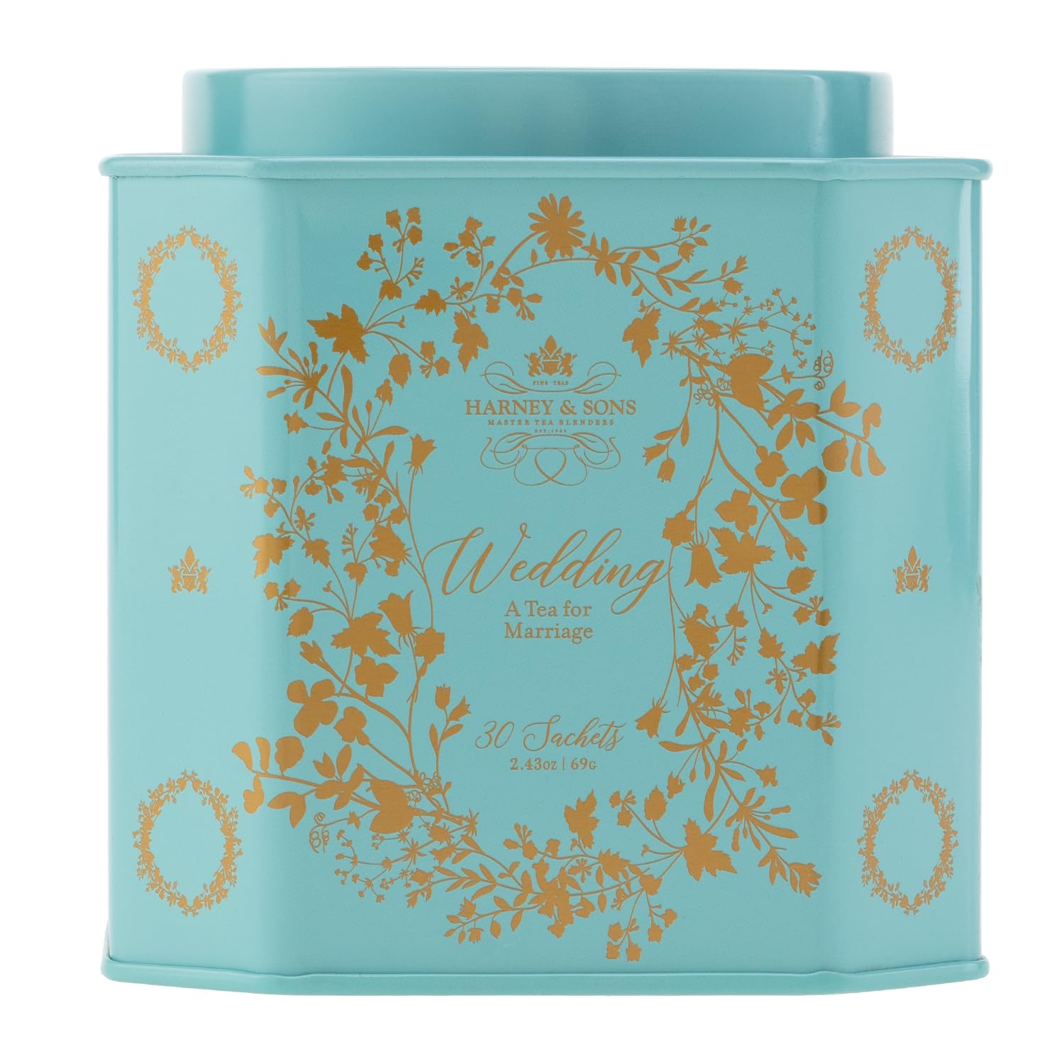 Harney & Sons Wedding Tea tin packaging, a stylish gift for newlyweds on their special day.